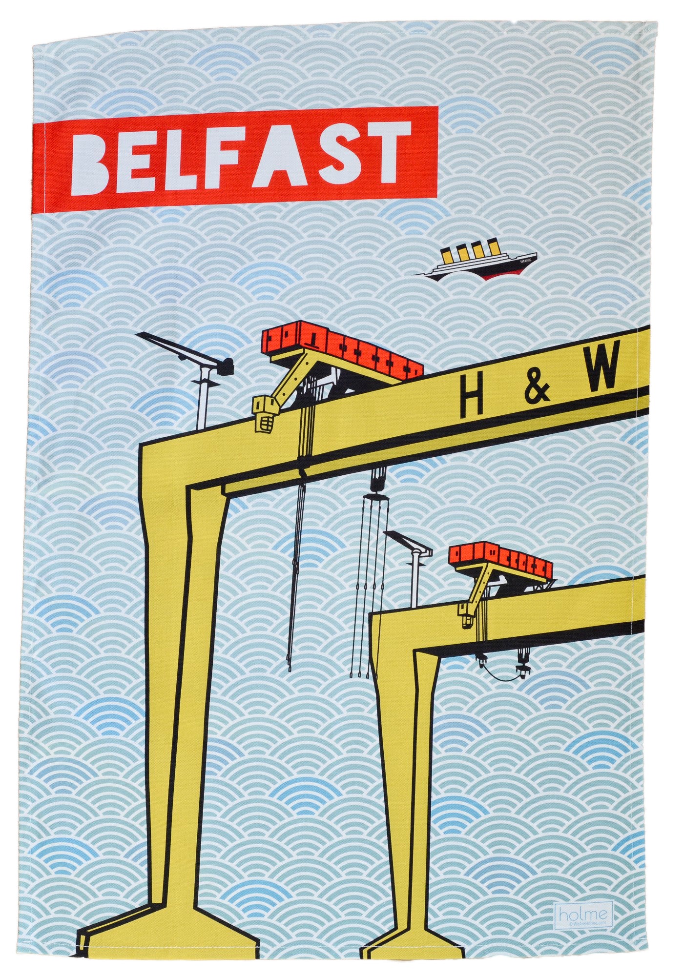 Belfast Tea Towel featuring the Harland and Wolff Cranes showing full opened up view of the product.